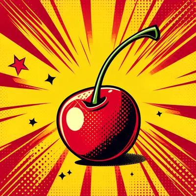 Une [seule cerise rouge] avec une [courte tige verte] d’une distance sur un arrière-plan [jaune et rouge] avec des lignes, des étoiles et des points pixeltés. La [cerise] doit être dans un style pop art et avoir un espace de copie ouvert. L’arrière-plan doit être lumineux et coloré, dynamique, pop art.