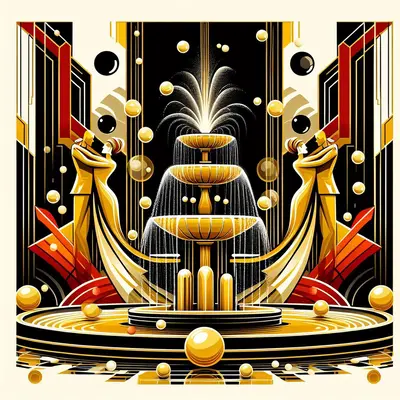 Une [élégante fontaine] avec [des bulles flottant autour] dans un style art déco. La [fontaine] devrait être un mélange luxueux de [couleurs saturées noir, jaune et or] . En arrière-plan devrait être abstrait, [couples géométriques dansant] en [rouge, or et noir]. Le style art déco doit mettre l’accent sur l’élégance et l’opulence avec des formes propres et audacieuses.