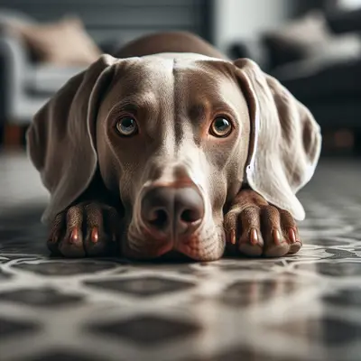 Une macro, image détaillée d’un [chien Weimaraner sur] un [sol gris doux, motifé, poli]. Le [chien] a sa [tête et ses pattes reposant] sur le [sol] et regarde [droit devant] avec [des yeux gris] brillants avec un arrière-plan hors focus. Le portrait est réaliste avec l’éclairage du studio.