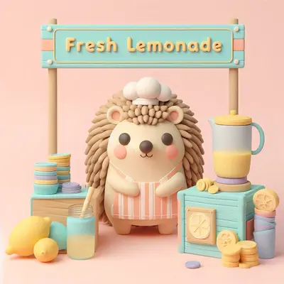 Image d’un [joli hérisson beige debout sur un stand de limonade] dans un style argile 3D. Le [stand de limonade] doit avoir un [pichet, des tasses et une bannière « Limonade fraîche ».] Le [hérisson] doit avoir [le nez dewy] et porter un [chapeau de chef et un tablier rayé] avec un [pot de monnaie]. La palette de couleurs doit être en [pêche, turquoise et lavande].