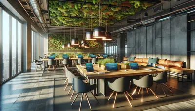 Image hyper réaliste d’un [espace de travail de start-up] moderne avec [une table commune, plusieurs ordinateurs portables et des chaises en bois]. [L’espace de travail] doit avoir [un mur de mousse][d’un côté] et être en [bleu acier, cannelle, et safran] avec une lumière [naturelle, en milieu de matinée] dans un style photoréaliste.