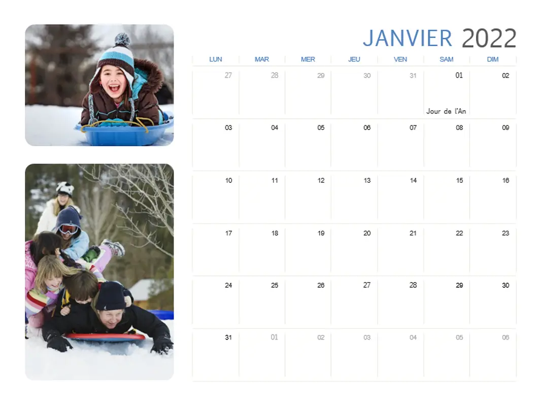 Calendrier photo par année civile (lun-dim) modern-simple