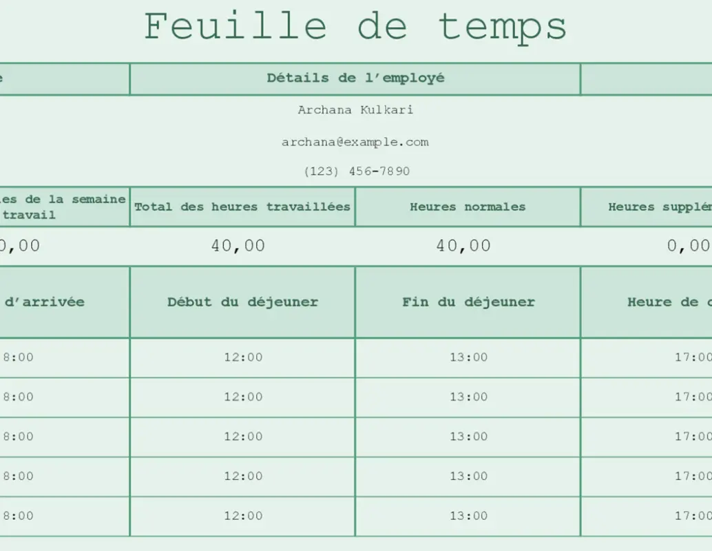 Feuille de temps (feuille de calcul) green modern simple