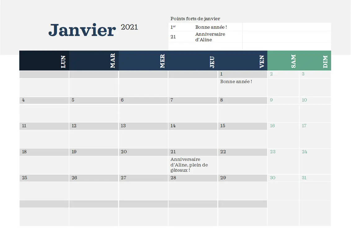 Calendrier moderne avec points marquants modern-simple