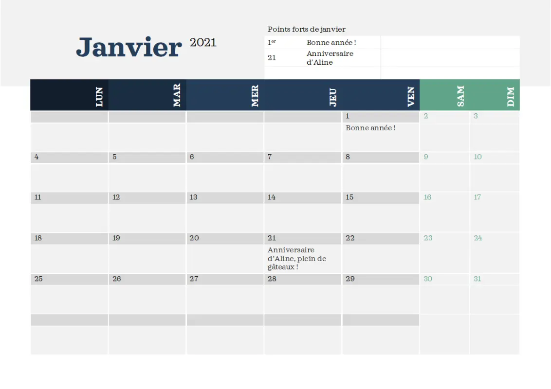 Calendrier moderne avec points marquants blue modern-simple