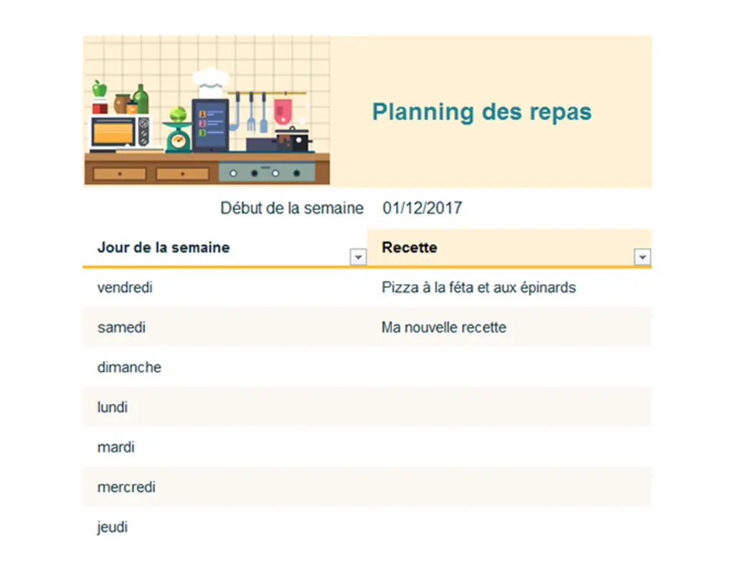 Planning hebdomadaire des repas  modern simple