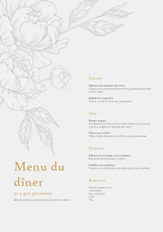 Menu de dîner élégant yellow vintage-botanical