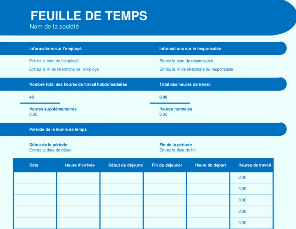 Feuille de temps élémentaire blue modern simple