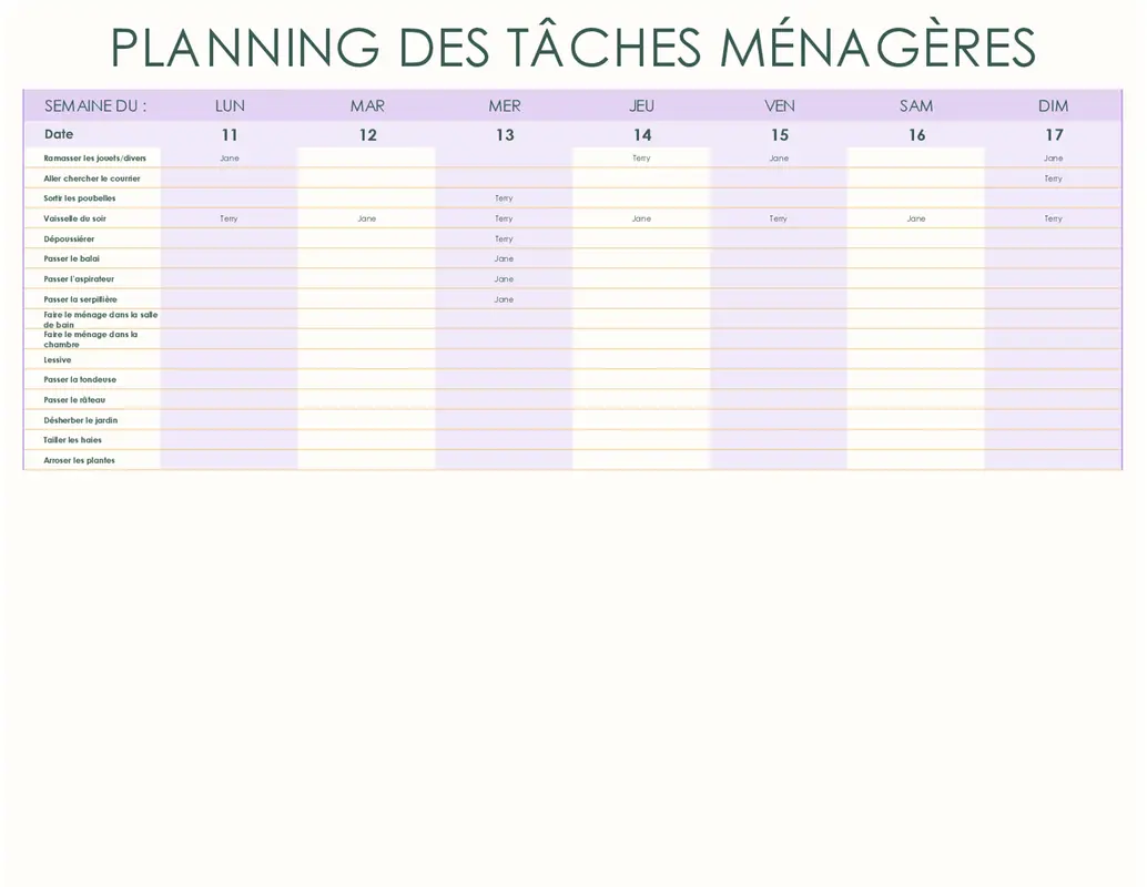 Planning des tâches ménagères simple modern simple