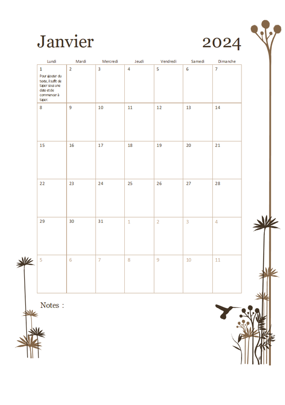 Calendrier sur 12 mois avec illustration colibris (lun. – dim.) brown modern-simple