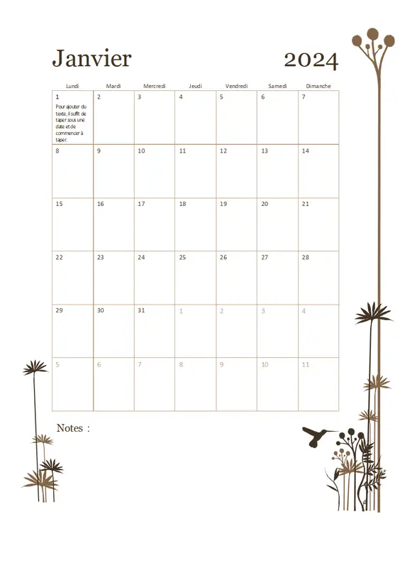 Calendrier sur 12 mois avec illustration colibris (lun. – dim.) modern-simple