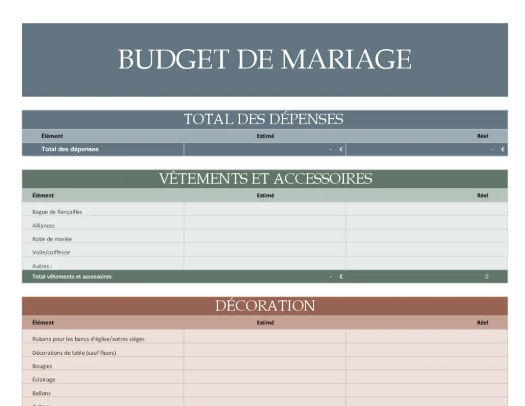 Planificateur de budget de mariage modern simple