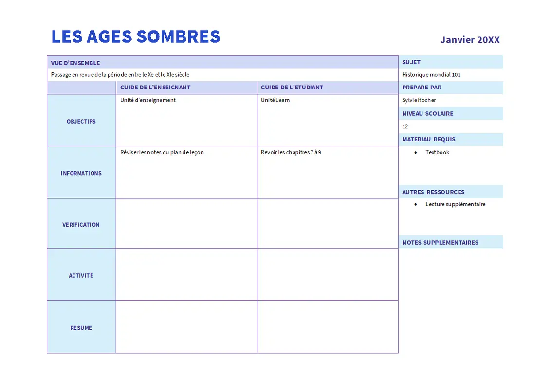 Plan de cours quotidien (couleur) modern simple