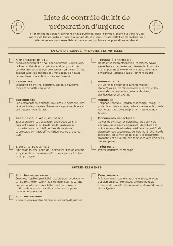 Liste de contrôle du kit de préparation d’urgence brown modern simple