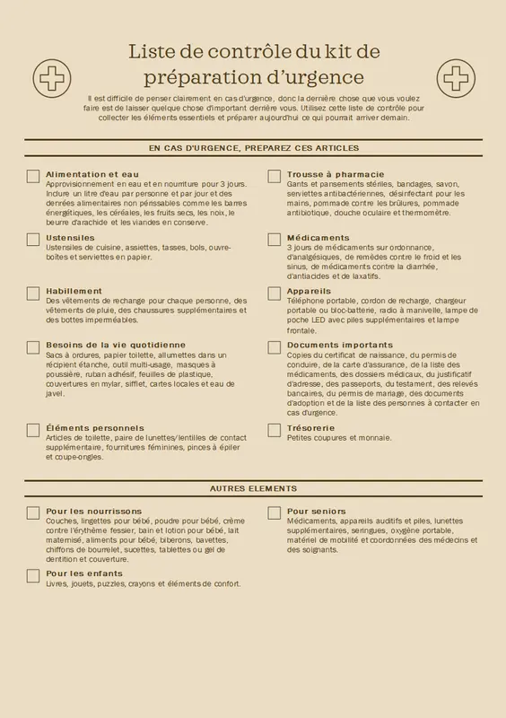 Liste de contrôle du kit de préparation d’urgence modern simple