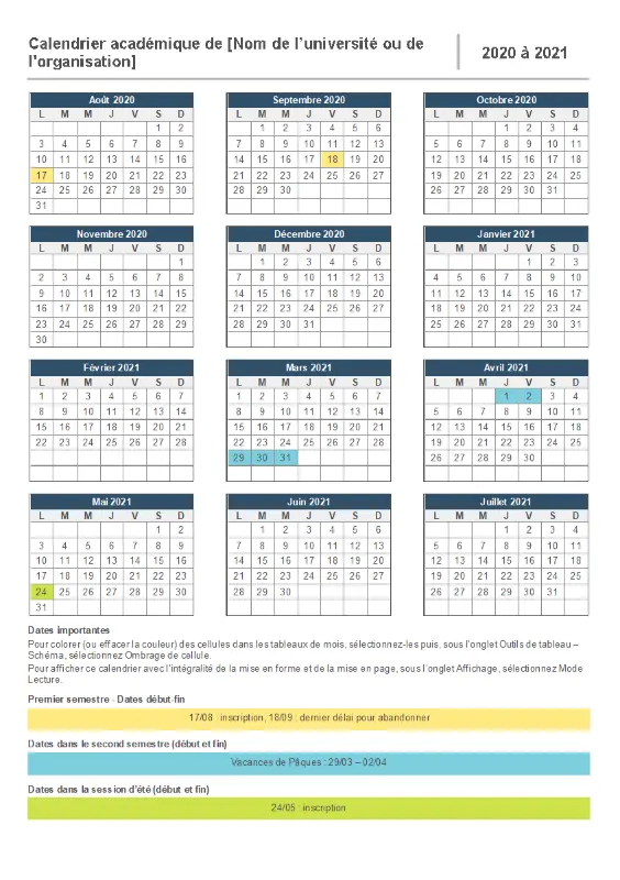 Calendrier année scolaire blue modern-simple