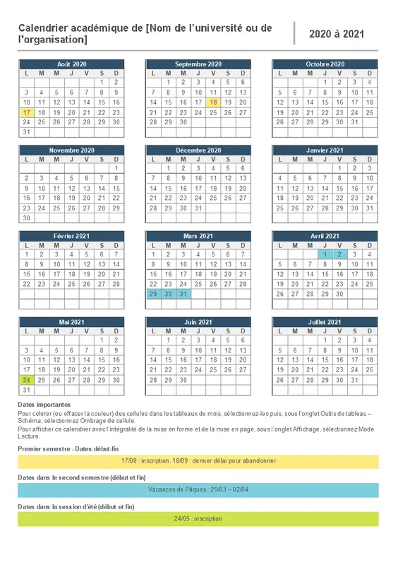 Calendrier année scolaire modern-simple