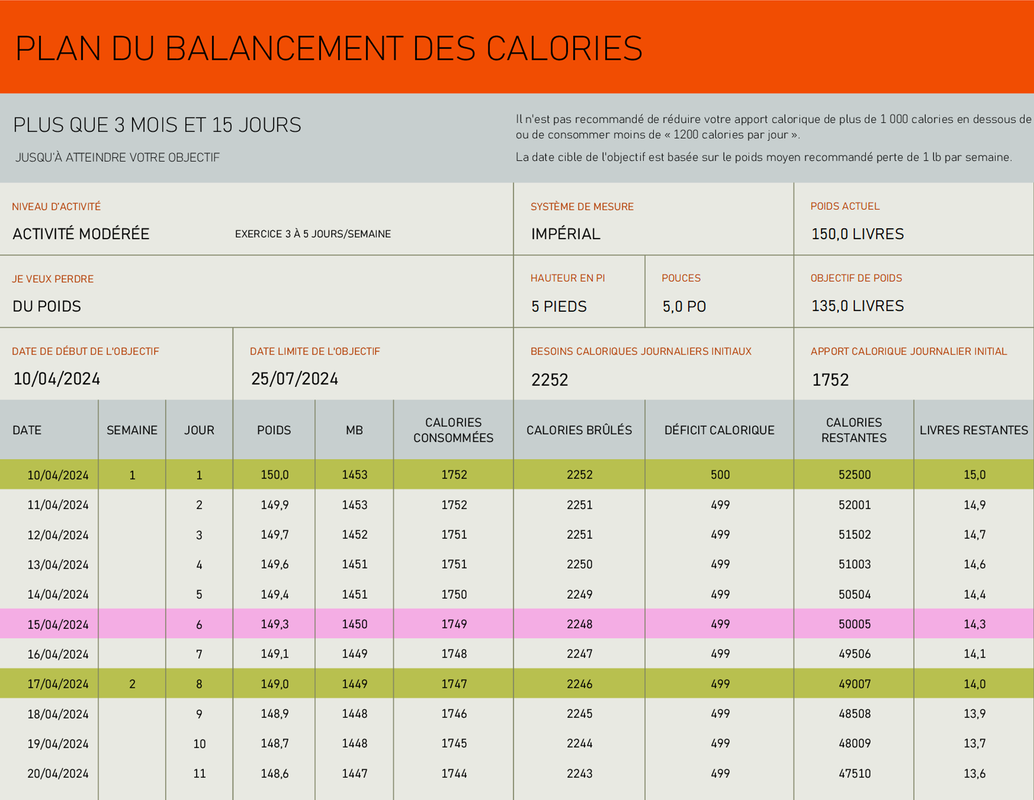 Plan d’amortissement des calories yellow modern-simple