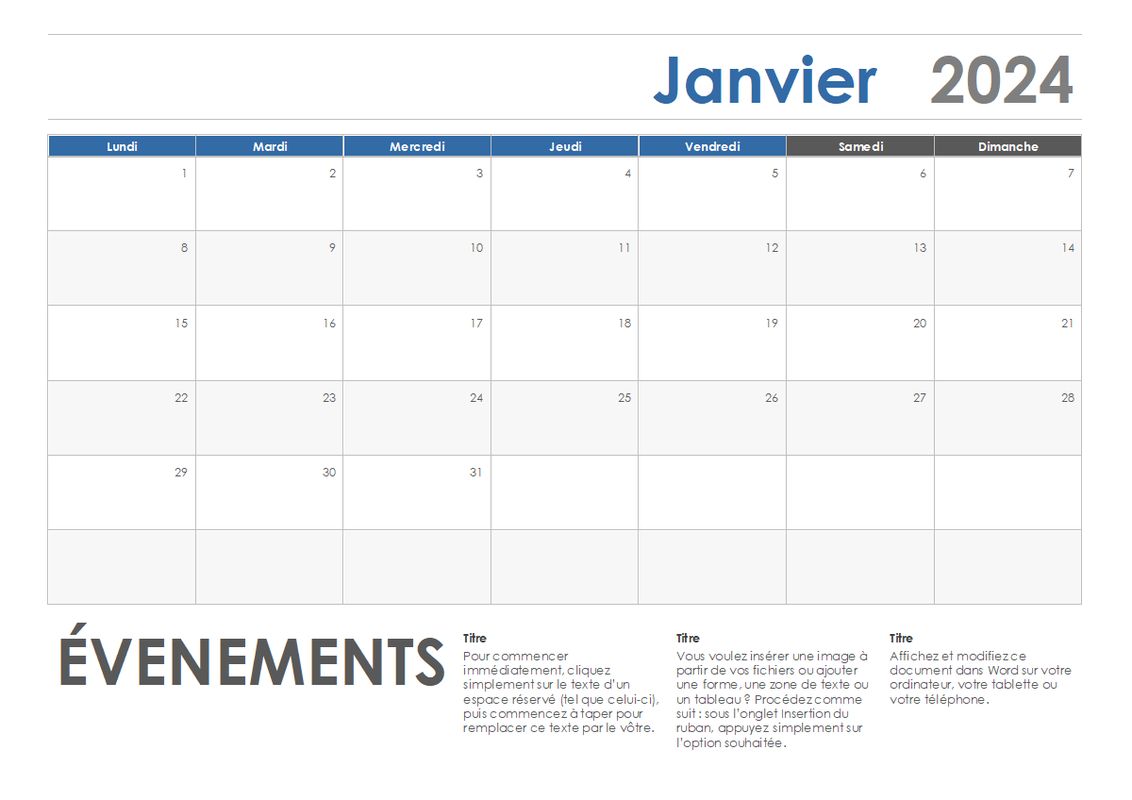 Calendrier horizontal (début lundi) blue modern-simple