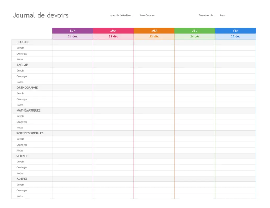 Journal des devoirs modern simple