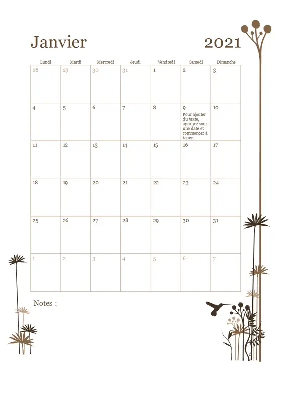 Calendrier sur 12 mois avec illustration colibris (lun. – dim.) modern-simple