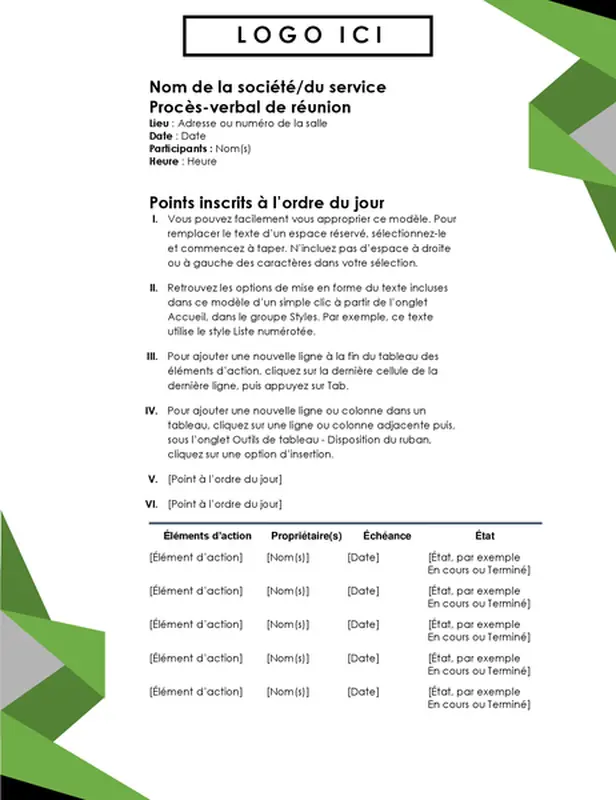 Procès-verbal de réunion avec triangles