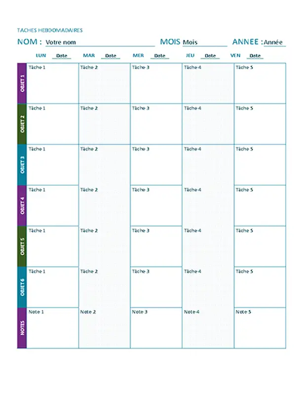 Feuille des tâches hebdomadaire (couleur)