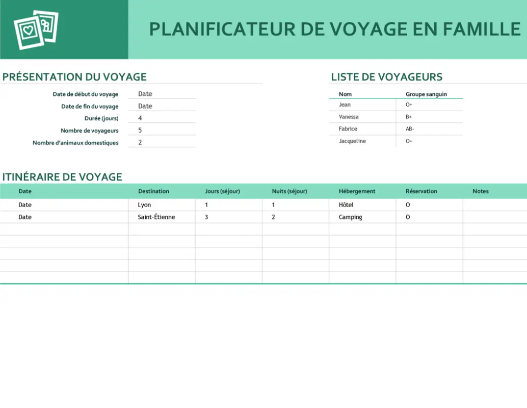 Planificateur de voyage en famille green modern simple