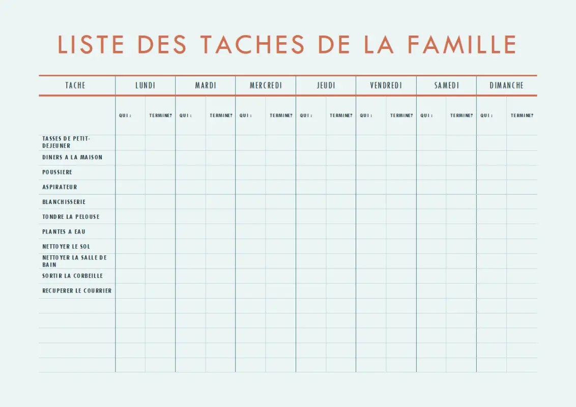 Tableau de tâches familiales blue modern simple