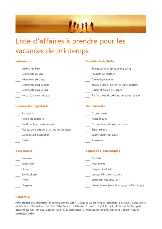 Liste d’affaires à emporter en vacances