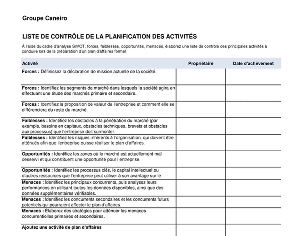 Liste de contrôle de plan de développement modern simple