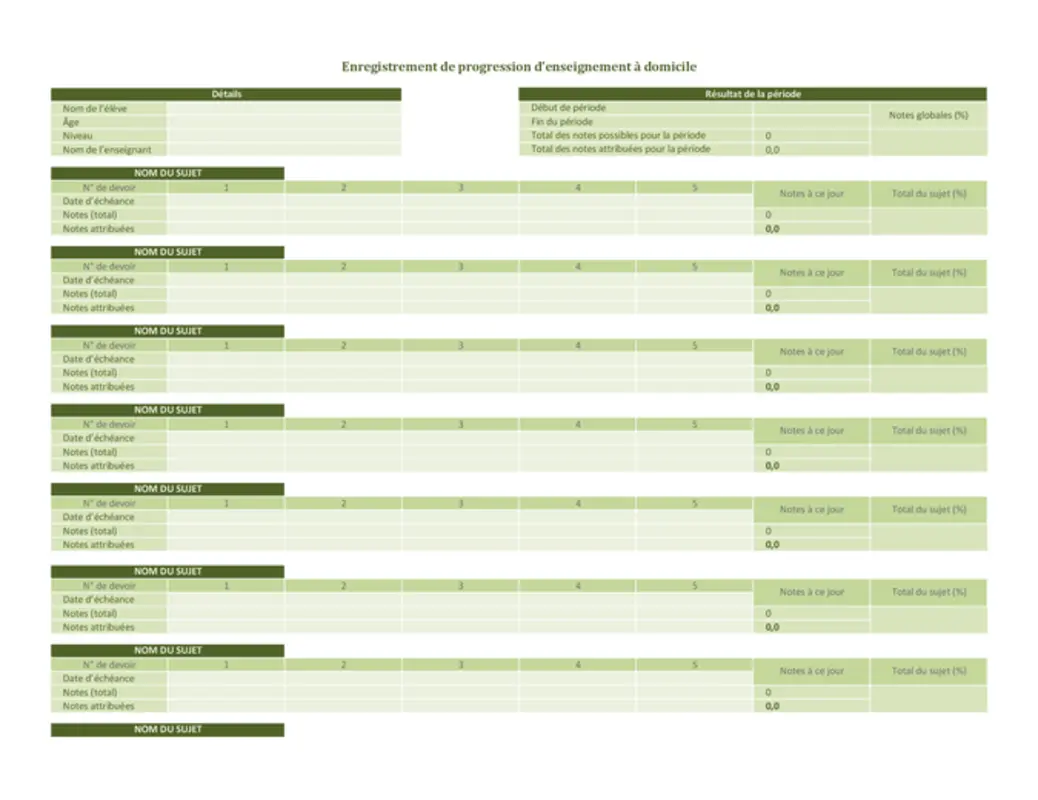 Enregistrement de progression d’enseignement à domicile green modern simple