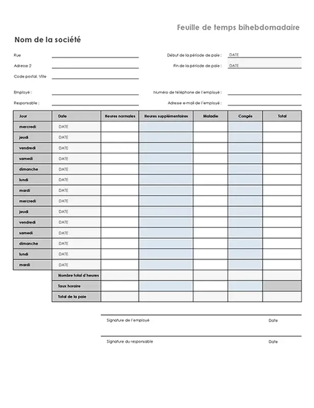 Feuille de temps bihebdomadaire avec congés maladie et vacances modern simple