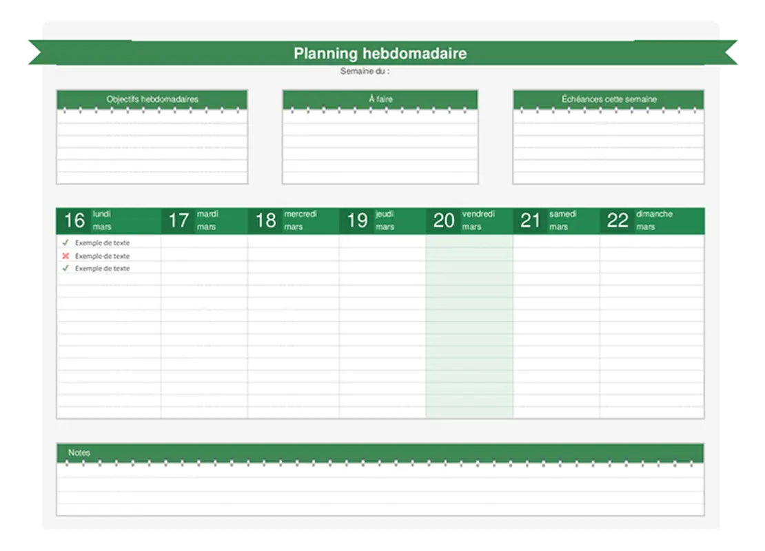 Planificateur de calendrier hebdomadaire green modern-simple