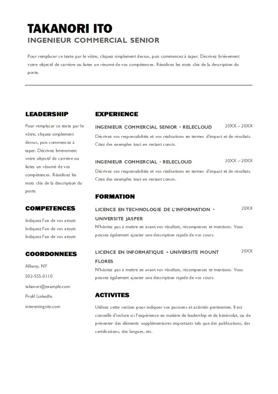 C.V. de ventes en caractères gras