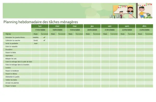 Planning hebdomadaire des tâches ménagères Premium green modern-simple