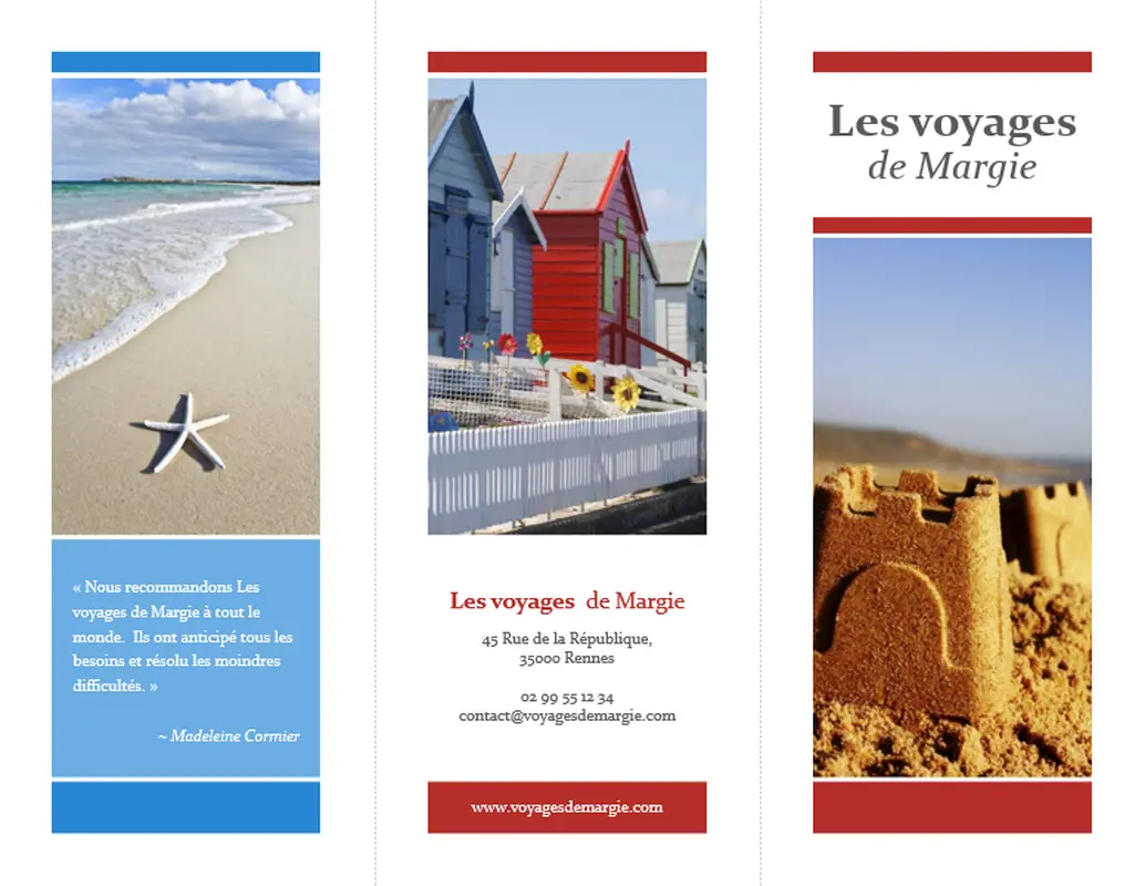Brochure de voyage en trois parties (rouge, or, et bleu) modern-simple