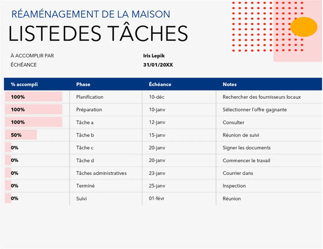 Liste de tâches pour les projets modern bold