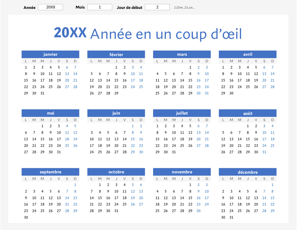 Calendrier d’une année en un coup d’œil (paysage) blue modern-simple