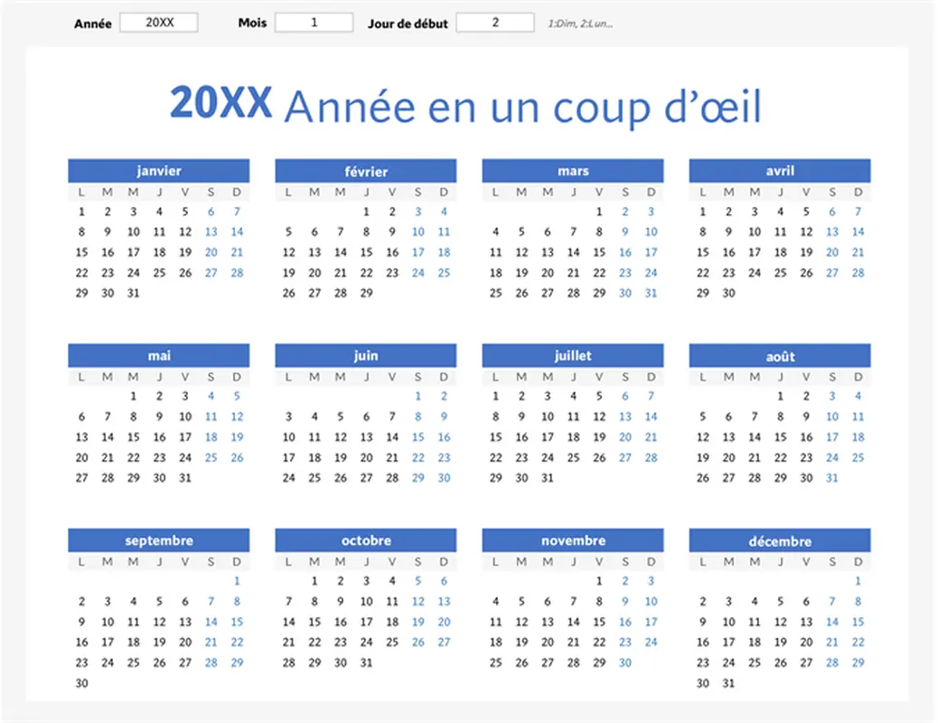 Calendrier d’une année en un coup d’œil (paysage) modern-simple