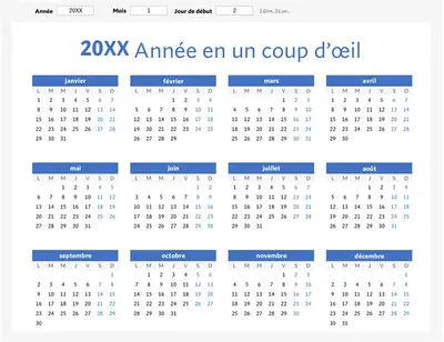 Calendrier d’une année en un coup d’œil (paysage) modern-simple
