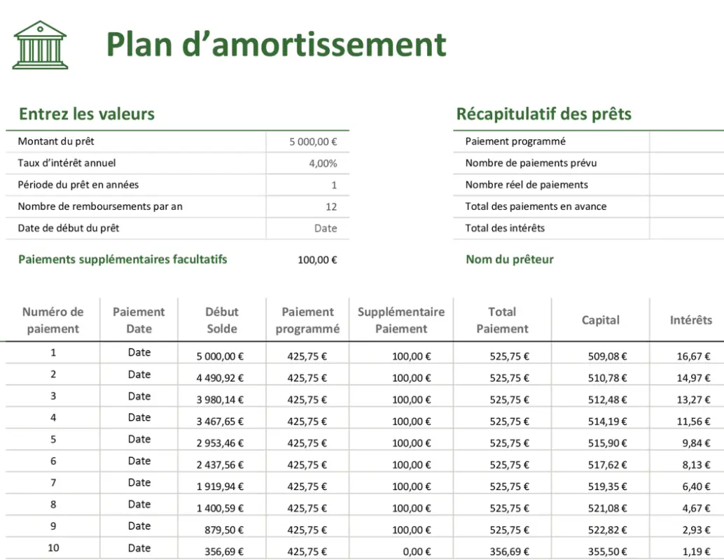 Plan d’amortissement green modern-simple