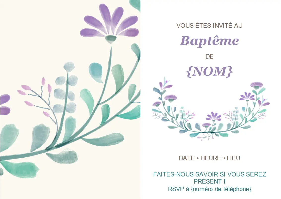 Invitation à un baptême green organic-simple