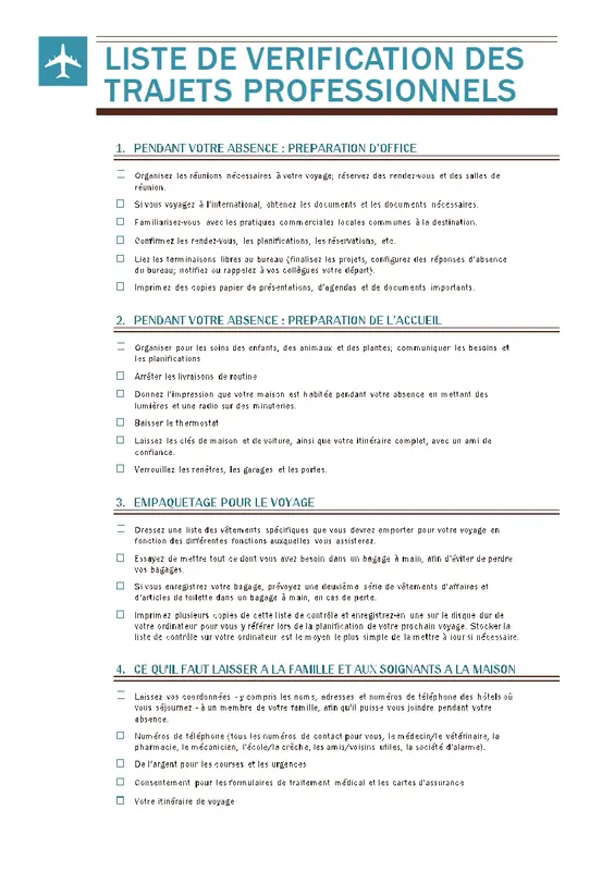 Liste de contrôle des voyages d’affaires modern simple