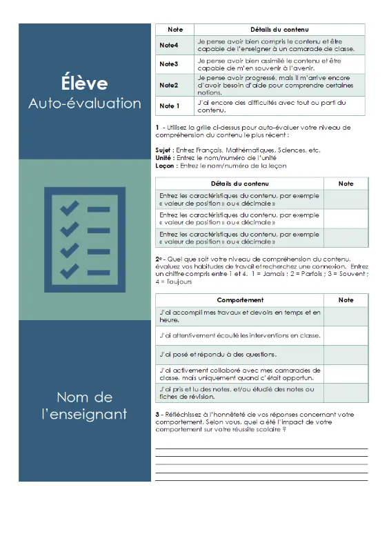 Auto-évaluation des élèves blue modern color block