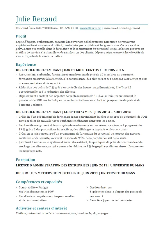 CV de responsable de restaurant blue modern-simple