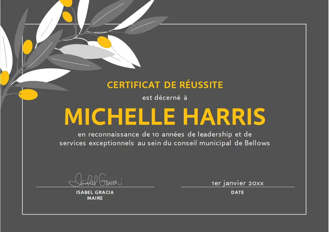 Certificat d'accomplissement du rameau d'olivier