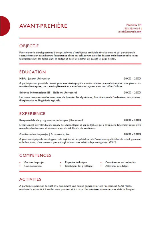 Curriculum vitae pour la gestion de projet modern simple