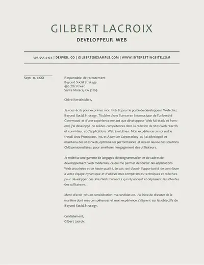 Lettre de motivation moderne de développeur web