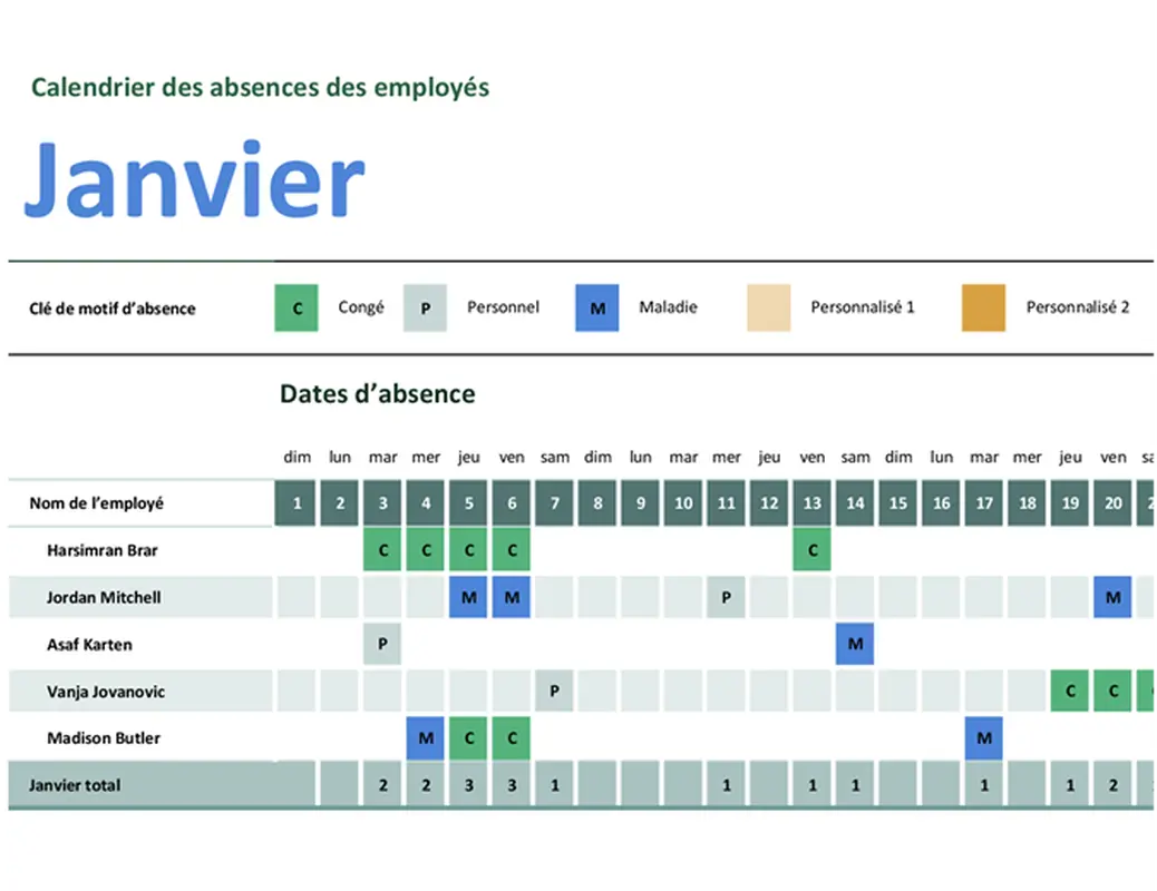 Calendrier d’absences des employés modern simple